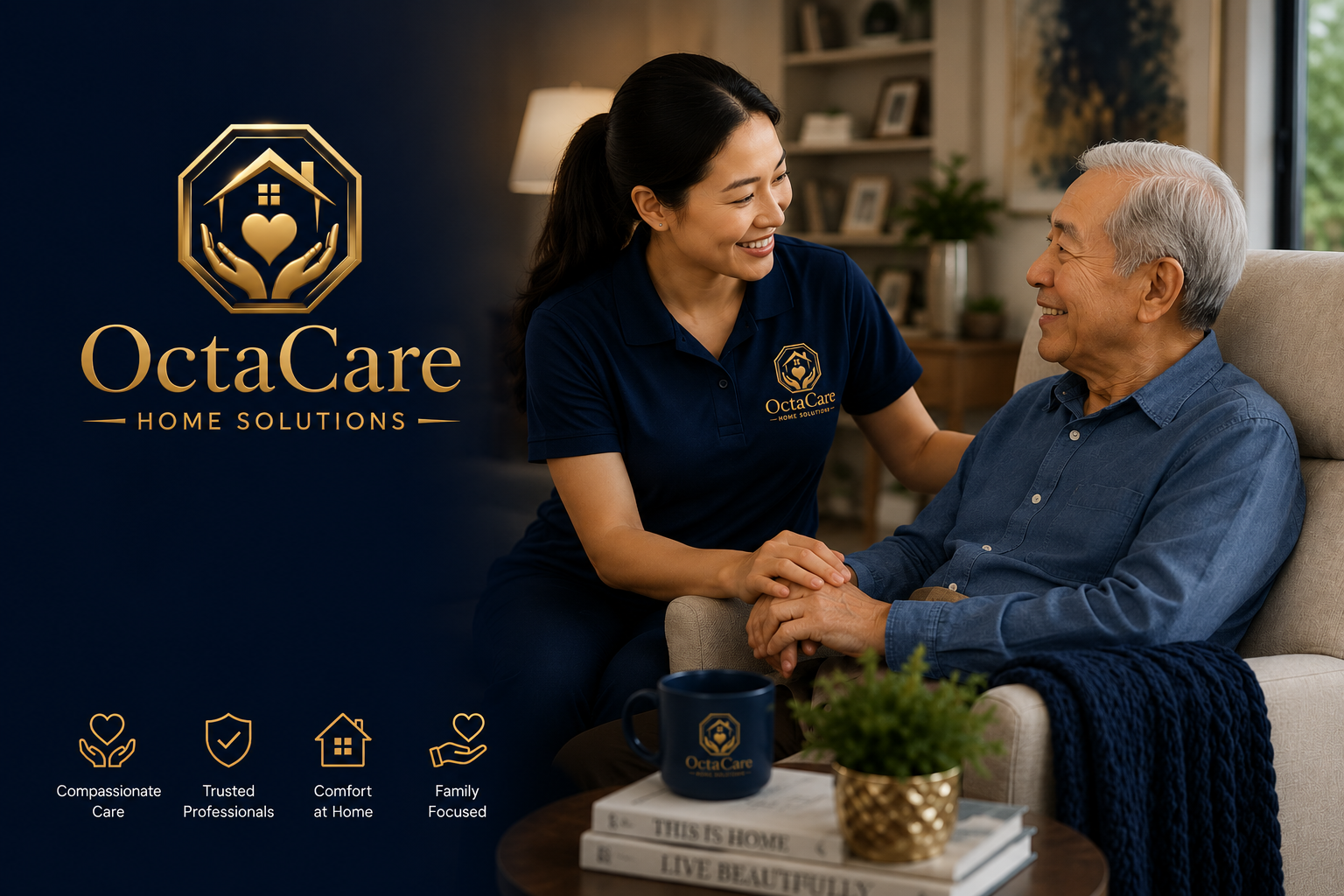 OctaCare Home Solutions — a caregiver holding hands with a senior client, alongside the values Compassionate Care, Trusted Professionals, Comfort at Home, and Family Focused