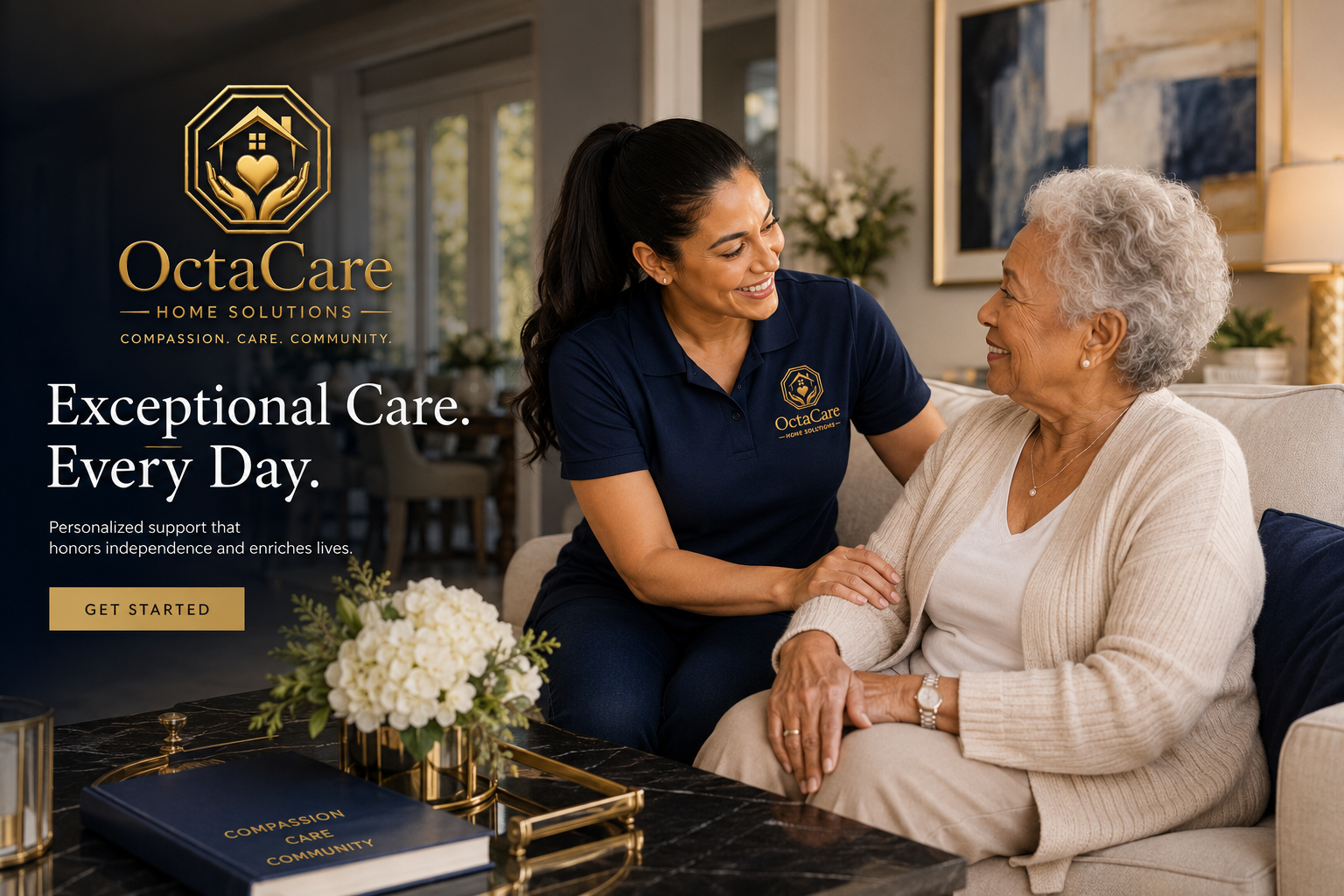 A compassionate OctaCare caregiver assisting a senior at home