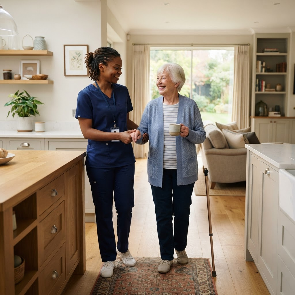 An OctaCare caregiver supporting a senior in a bright, comfortable home