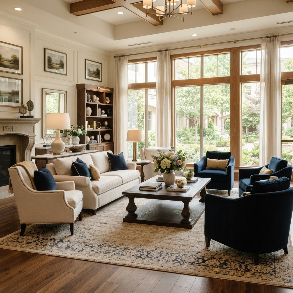An elegant, warm senior-living community common area