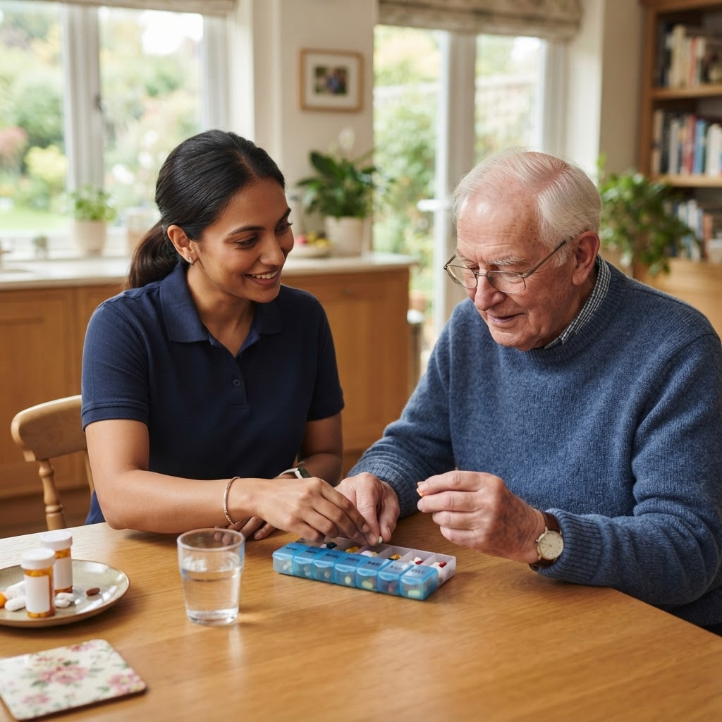 OctaCare caregiver providing medication reminders